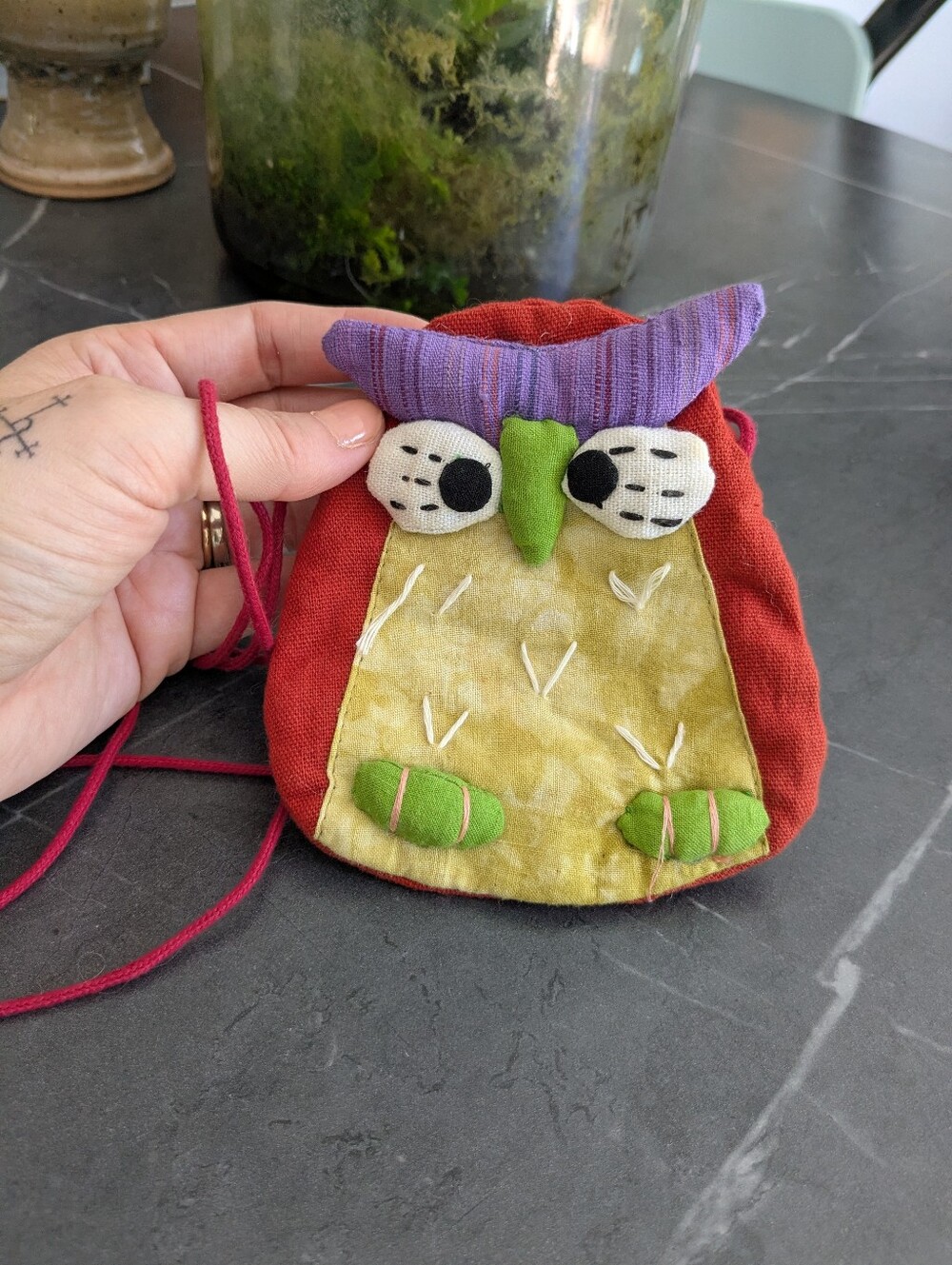 Handmade Owl Crossbody Bag in Cream, Green & Purple